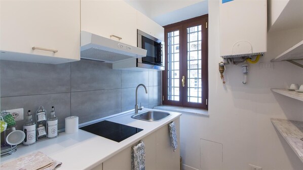 Fridge, microwave, stovetop, coffee/tea maker