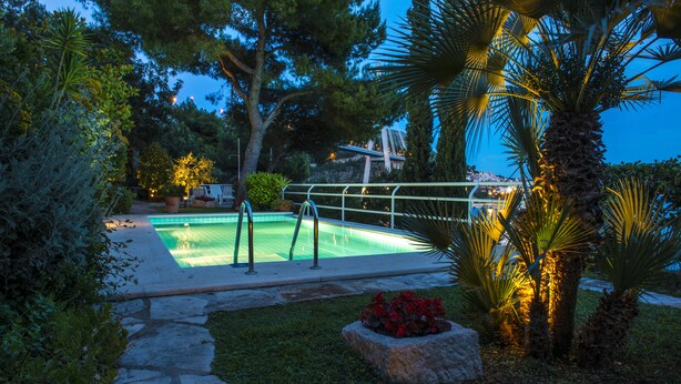 Una piscina con un camino de piedra que la atraviesa, rodeada de abundante vegetación y palmeras.