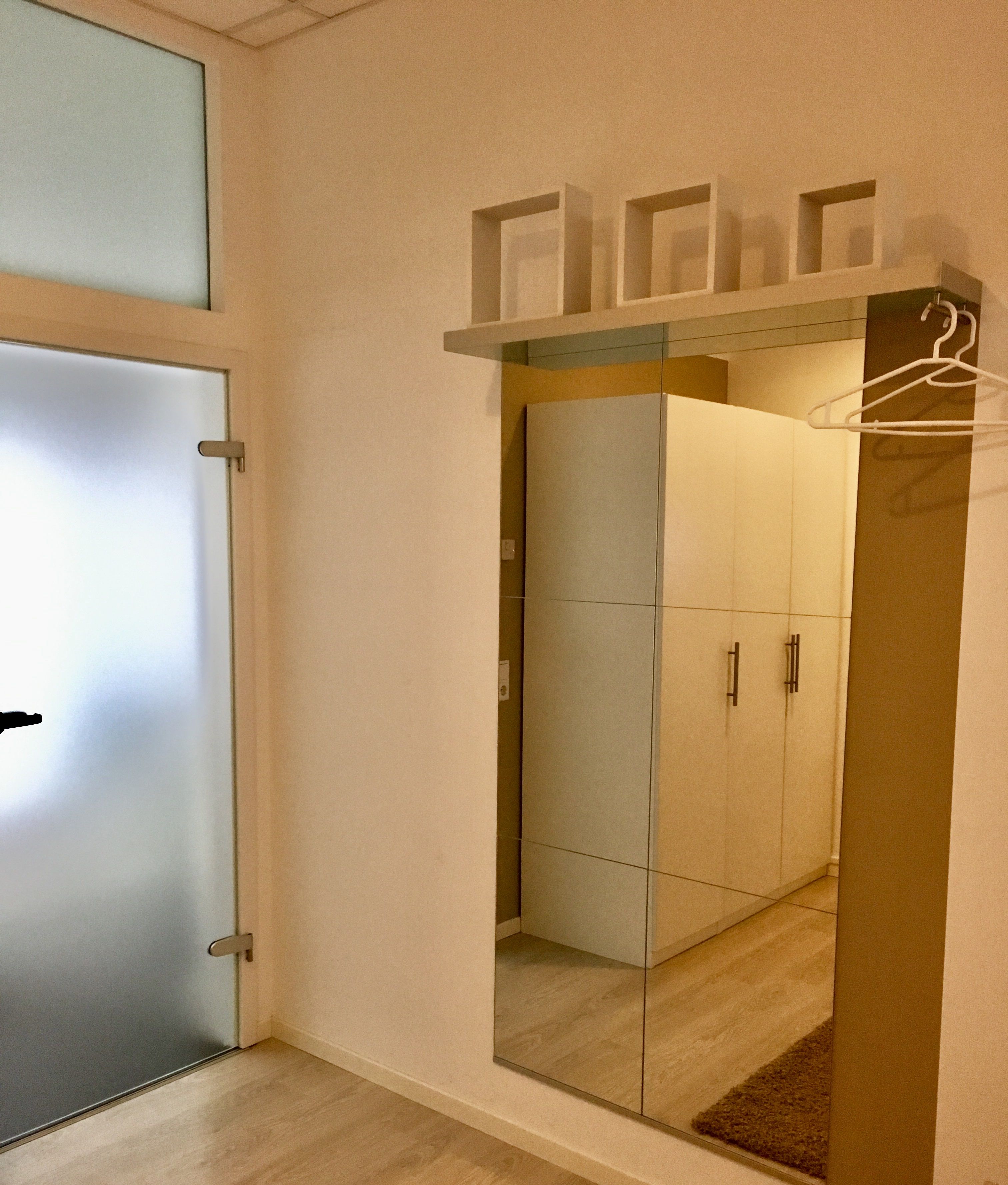 Ein modernes Interieur mit einem raumhohen Spiegelkleiderschrank, einer Tür mit Milchglasfüllung und einem Holzboden.