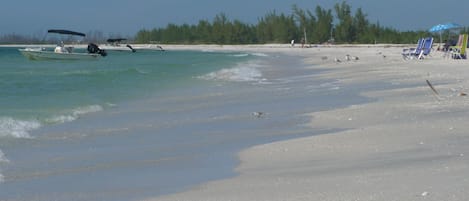 A beach with boats, a sandy shore, and a line of trees in the background.