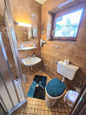 Shower, hair dryer, towels, toilet paper