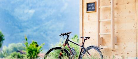 A wooden cabin with a bicycle parked outside, a ladder, and a signboard.