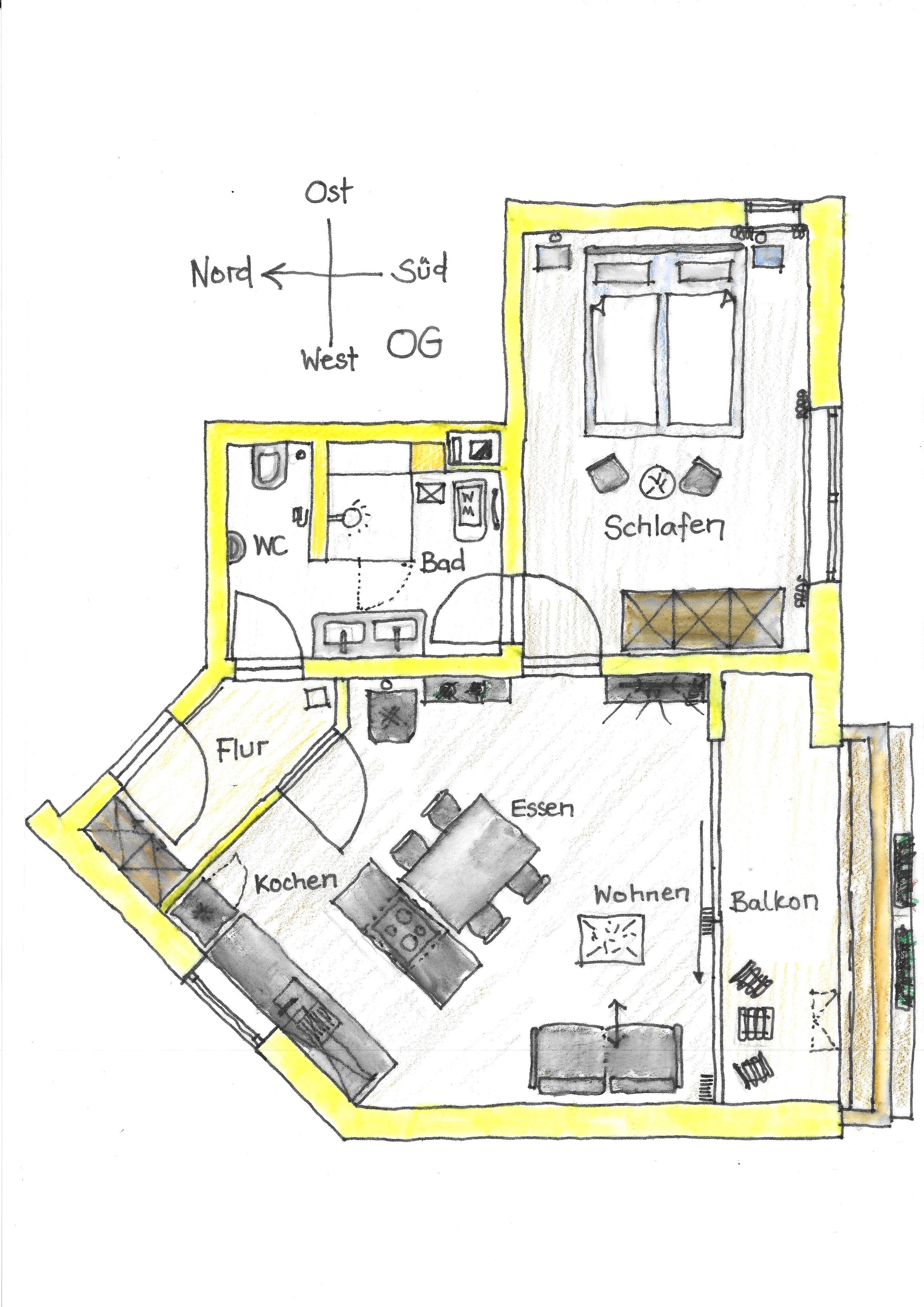 Planta baixa de um quarto de hotel com áreas identificadas, incluindo banheiro, quarto, sala de estar, cozinha e varanda.