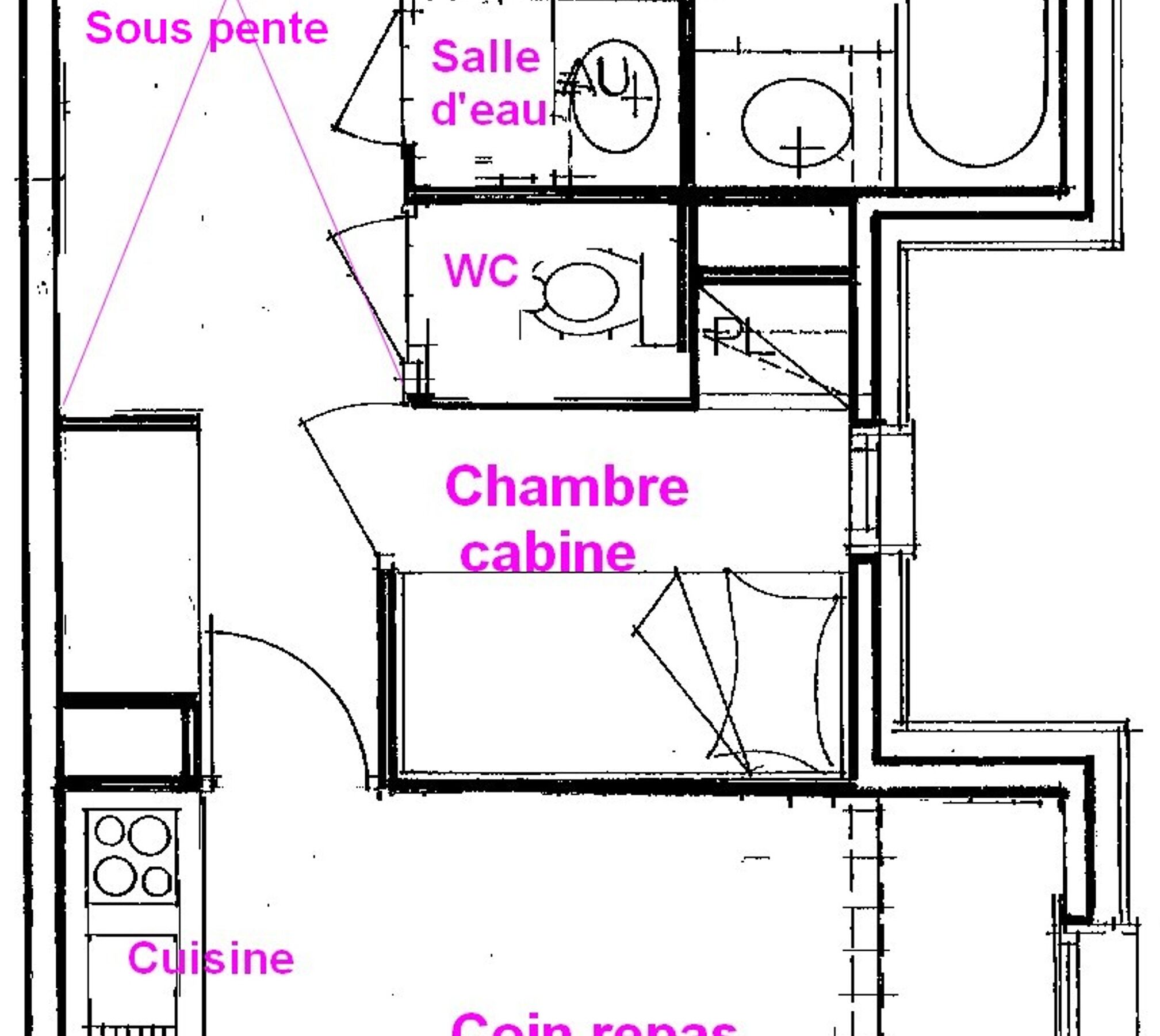 Een plattegrond met een keuken, eethoek, toilet en een slaapkamer.