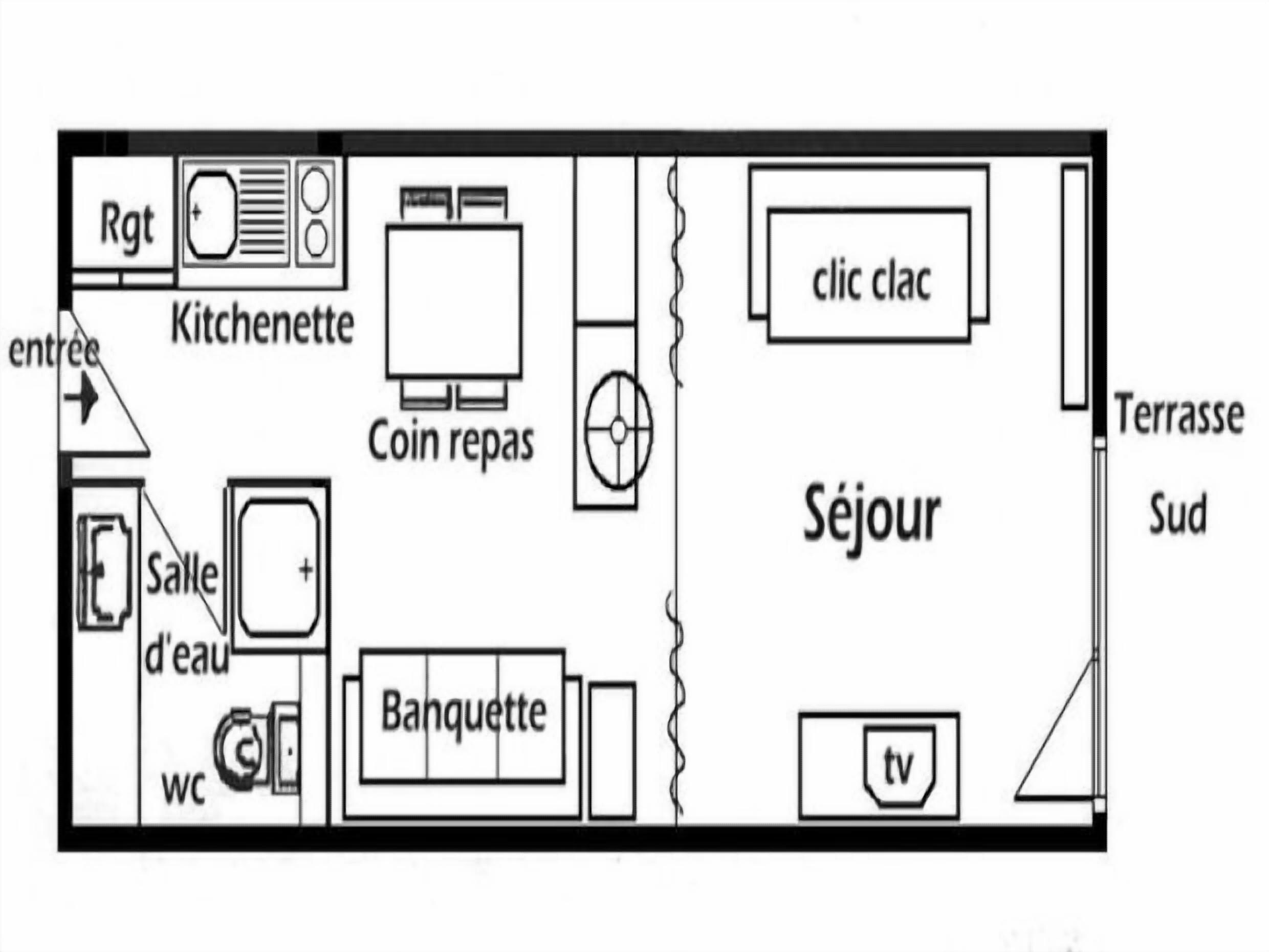 A hotel room layout with a kitchenette, ensuite bathroom, sitting area, and a balcony.