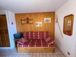 A cozy room with a wooden wall, a sofa, a television, and a mirror. - Cozy 3-room apartment, 6 pers, pets allowed (Les Saisies)