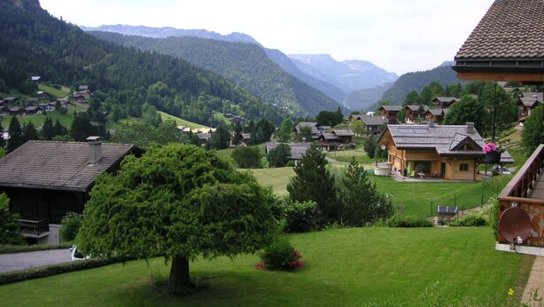 Ein Bergdorf mit traditionellen Holzhäusern, ein großer Baum im Vordergrund und eine Bergblick in der Ferne.