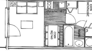 A floor plan of a hotel room with a kitchenette, a dining area, a bathroom, and a living area. - Les Saisies - Studio Cabin 4 People, South (Les Saisies)