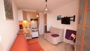 A compact living space with a kitchenette, a sofa, a chair, and a TV mounted on the wall.