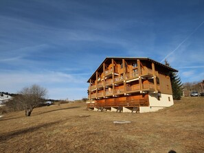 Een meerlaags houten chalet met balkons, gelegen in een groene omgeving onder een heldere lucht.