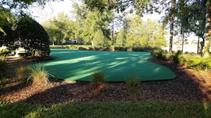 Enjoy a serene golfing experience surrounded by lush greenery and trees.