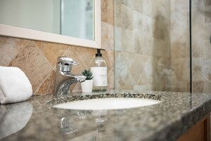 Une salle de bain dotée d’un plan de toilette en granit, d’un lavabo blanc, d’un robinet chromé, d’une cabine de douche en verre et d’une plante en pot.