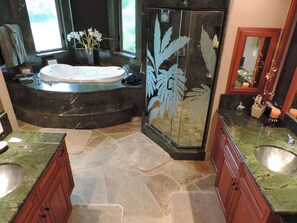 Shower, jetted tub, hair dryer, towels