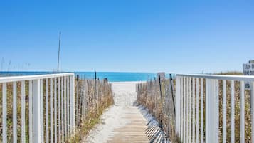 On the beach, sun loungers