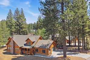 A log cabin with a stone chimney, surrounded by tall pine trees.