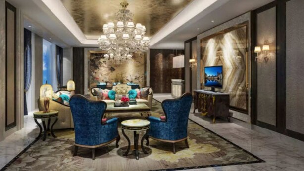 A luxurious living room with a chandelier, plush seating, and a large television. - Wanda Realm Qiqihar (Qiqihar)