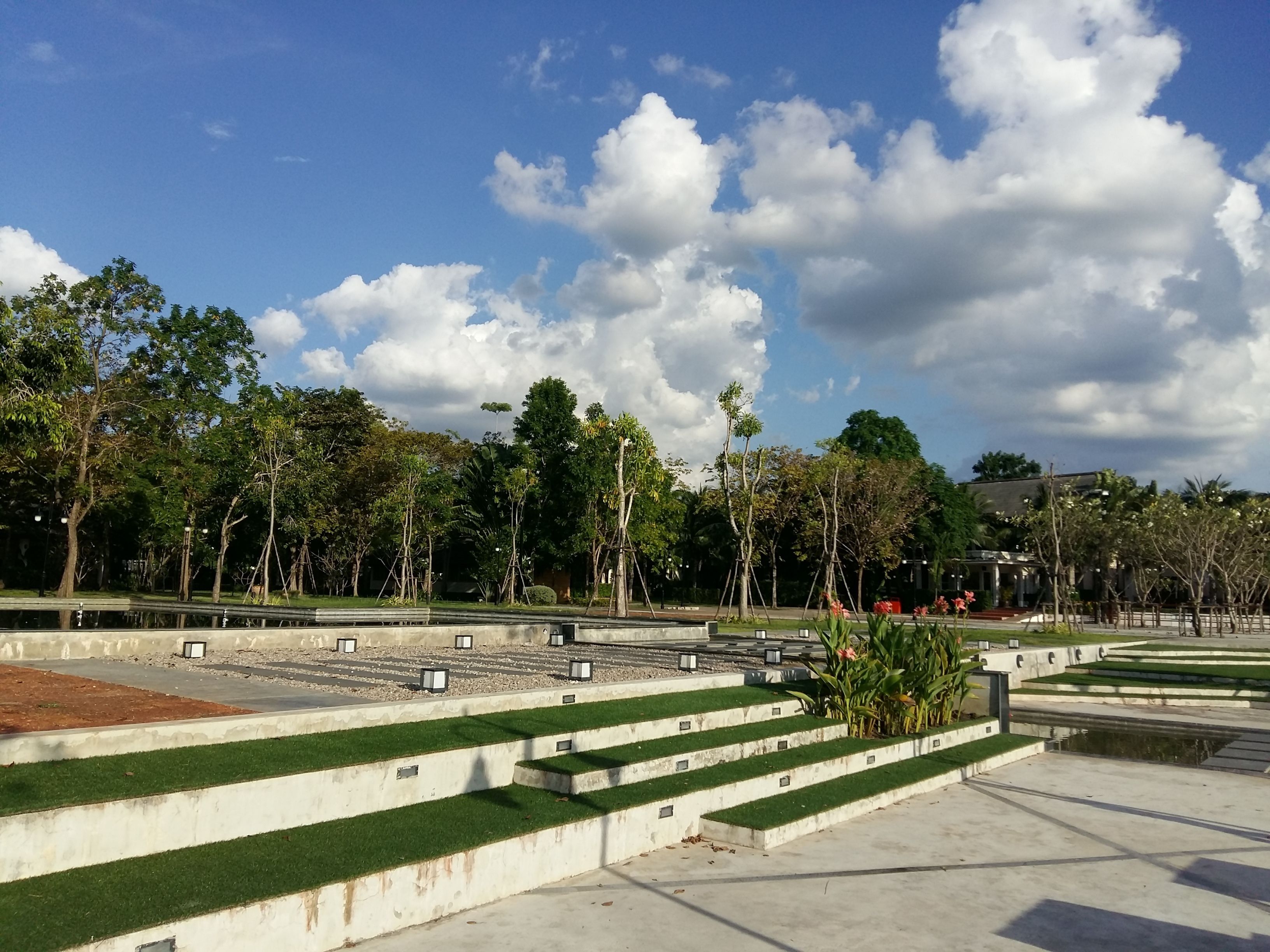 A park with tiered grassy steps, trees, and a clear sky.