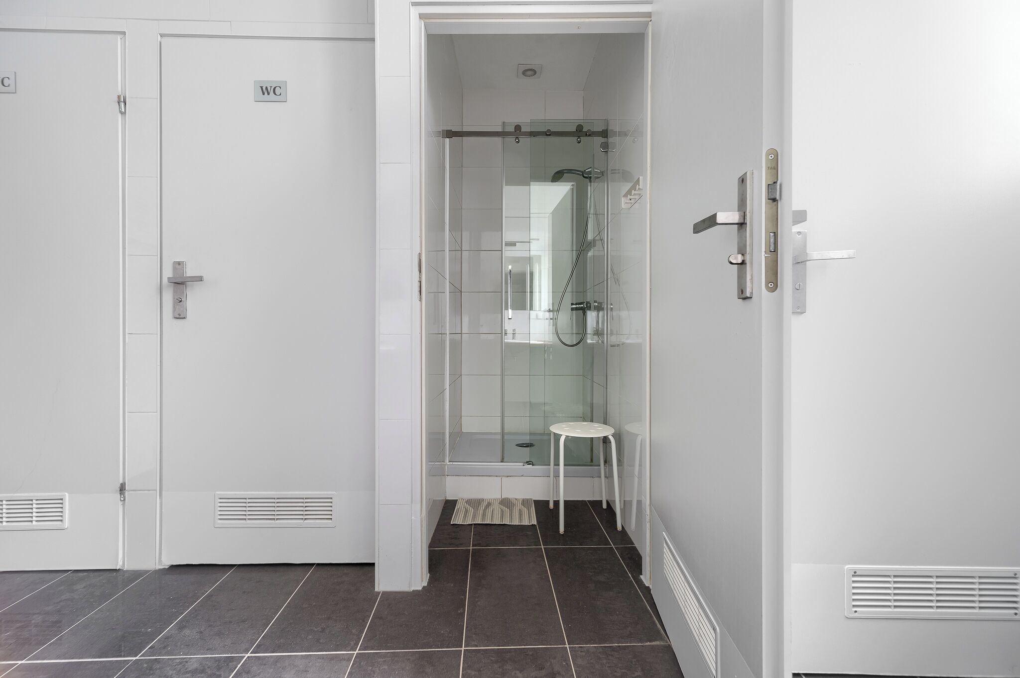 Une salle de bain avec douche, toilettes et lavabo.