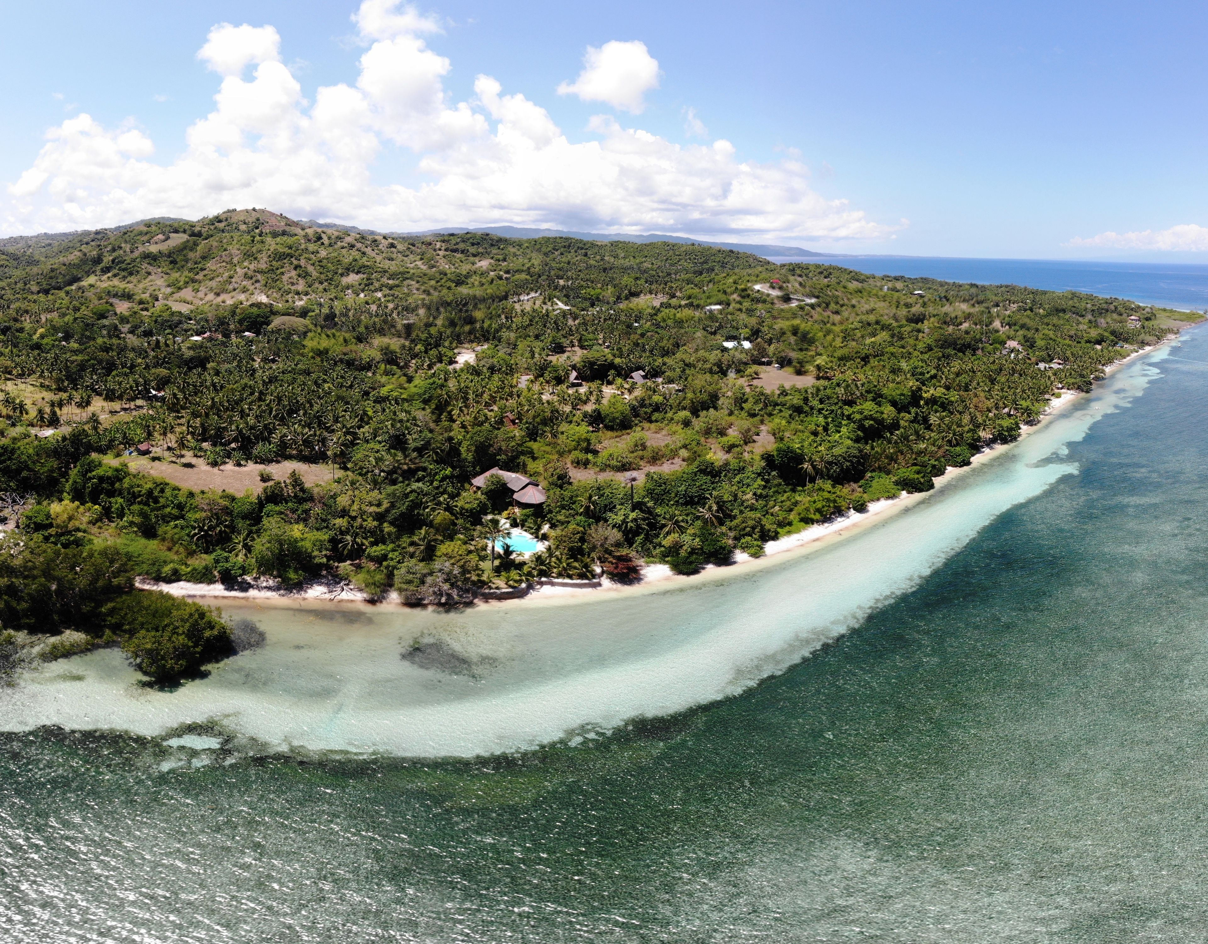 Luftaufnahme einer Küstenlandschaft mit Strand, üppiger Vegetation und blauem Meer.