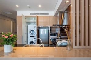 Full-size fridge, microwave, stovetop, electric kettle