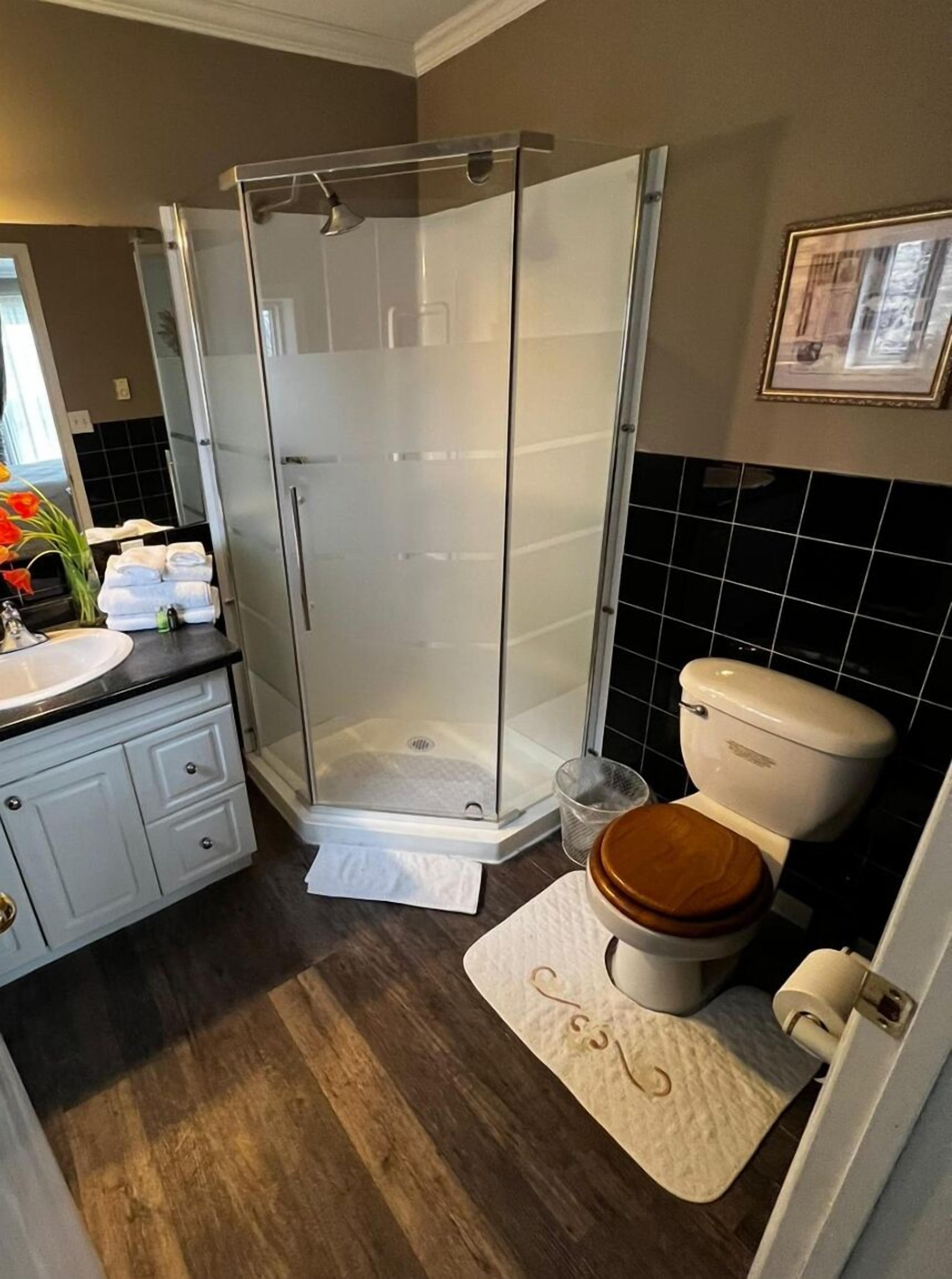 Suite, baño privado, vista al río | Cortinas blackout, insonorización y tabla de planchar con plancha 