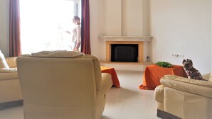 Un salon avec deux canapés, une cheminée et un chien allongé sur l’un des canapés.