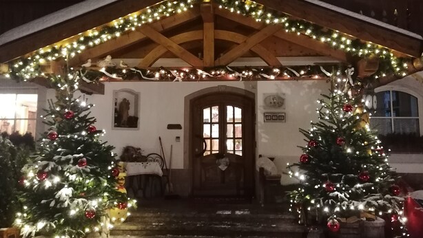 Un bâtiment à la façade en bois, une entrée enneigée et deux sapins de Noël décorés de guirlandes lumineuses et d’ornements.