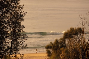 A beach scene with a person running along the shore, trees in the foreground, and waves in the background. - Beach House - footsteps from the sand (Mollymook Beach)