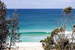 A beach with clear turquoise water, a sandy shore, and sparse vegetation.