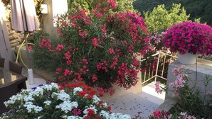 A garden with various colorful flowers, a stone wall, and a view of the surrounding hills.