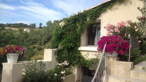 A balcony with a stone bench, a potted plant with pink flowers, and a view of a hillside.