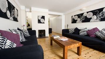 TV, fireplace, DVD player, books