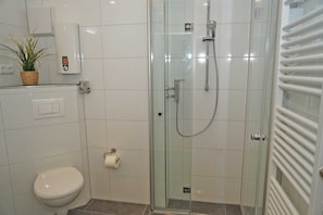 Ein modernes Badezimmer mit einer gläsernen Duschkabine, Toilette, Wandheizung und einer Topfpflanze.