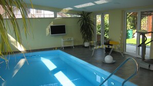 Une piscine avec une eau d’un bleu limpide, un téléviseur fixé au mur et une plante en pot.