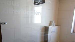 Une salle de bain avec douche, toilettes et un mur décoratif.