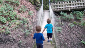 Two children walking on a wooden bridge with a metal fence on either side.