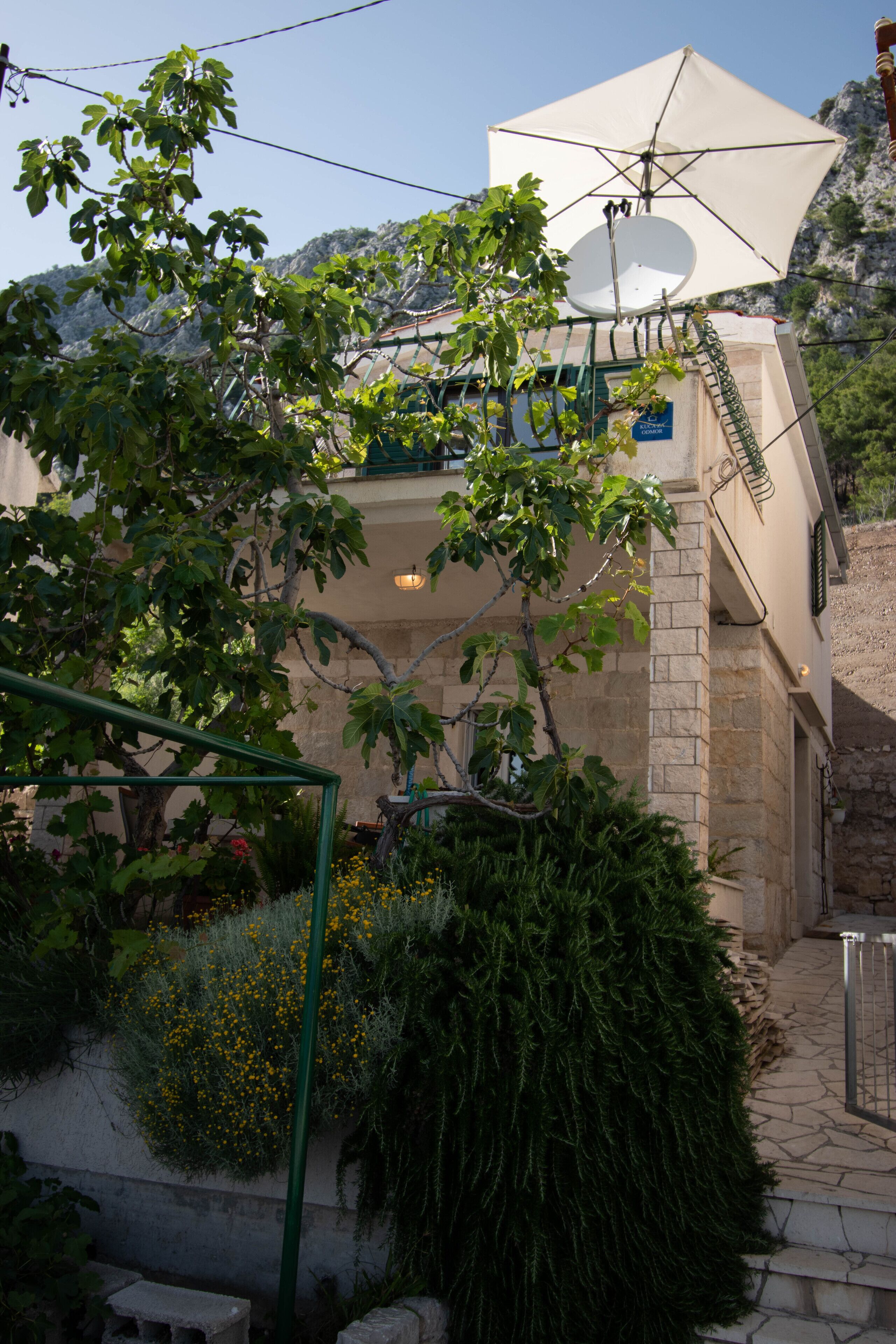 A building with a satellite dish, a green metal structure, and a stone staircase.