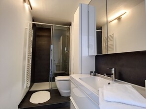 Shower, free toiletries, hair dryer