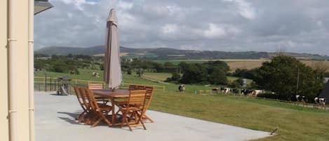 An outdoor patio with a table and chairs, overlooking a rural landscape with cows and fields.