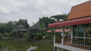 Une vue paisible sur un lac, avec des belvédères aux toits de chaume et un bâtiment moderne doté d’un toit rouge.