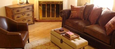 Flat-screen TV, fireplace, DVD player, books