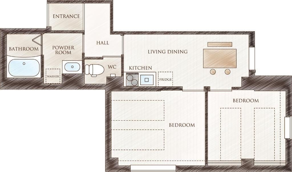 Plano de un cuarto de hotel que incluye baño, aseo, entrada, pasillo, zona de estar y comedor, cocina y dos dormitorios.