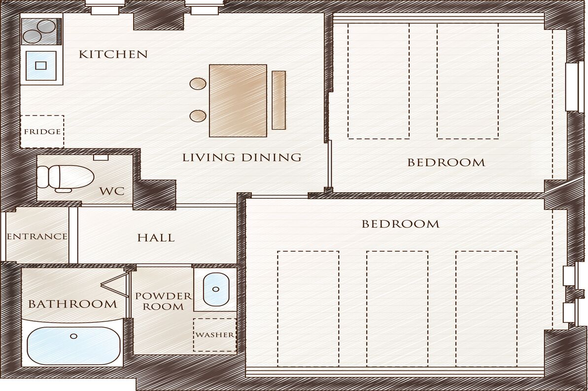 Un plan d’étage comprenant une cuisine, deux chambres, un espace de vie/salle à manger, une salle de bain, des toilettes, un hall et une entrée.