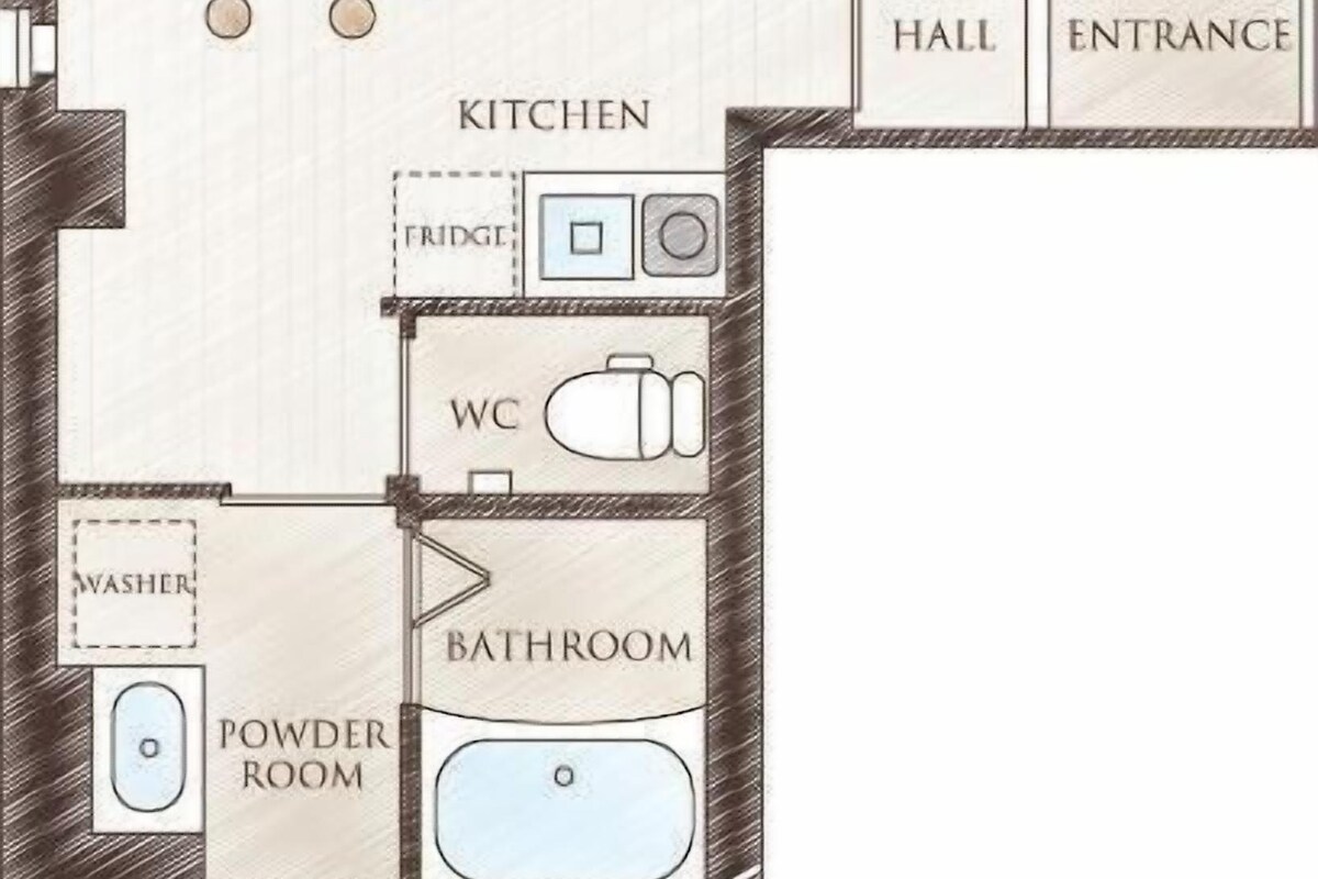 A floor plan of a hotel with a balcony, bedroom, living dining area, kitchen, hall, entrance, bathroom, powder room, and a powder room with a bathtub.