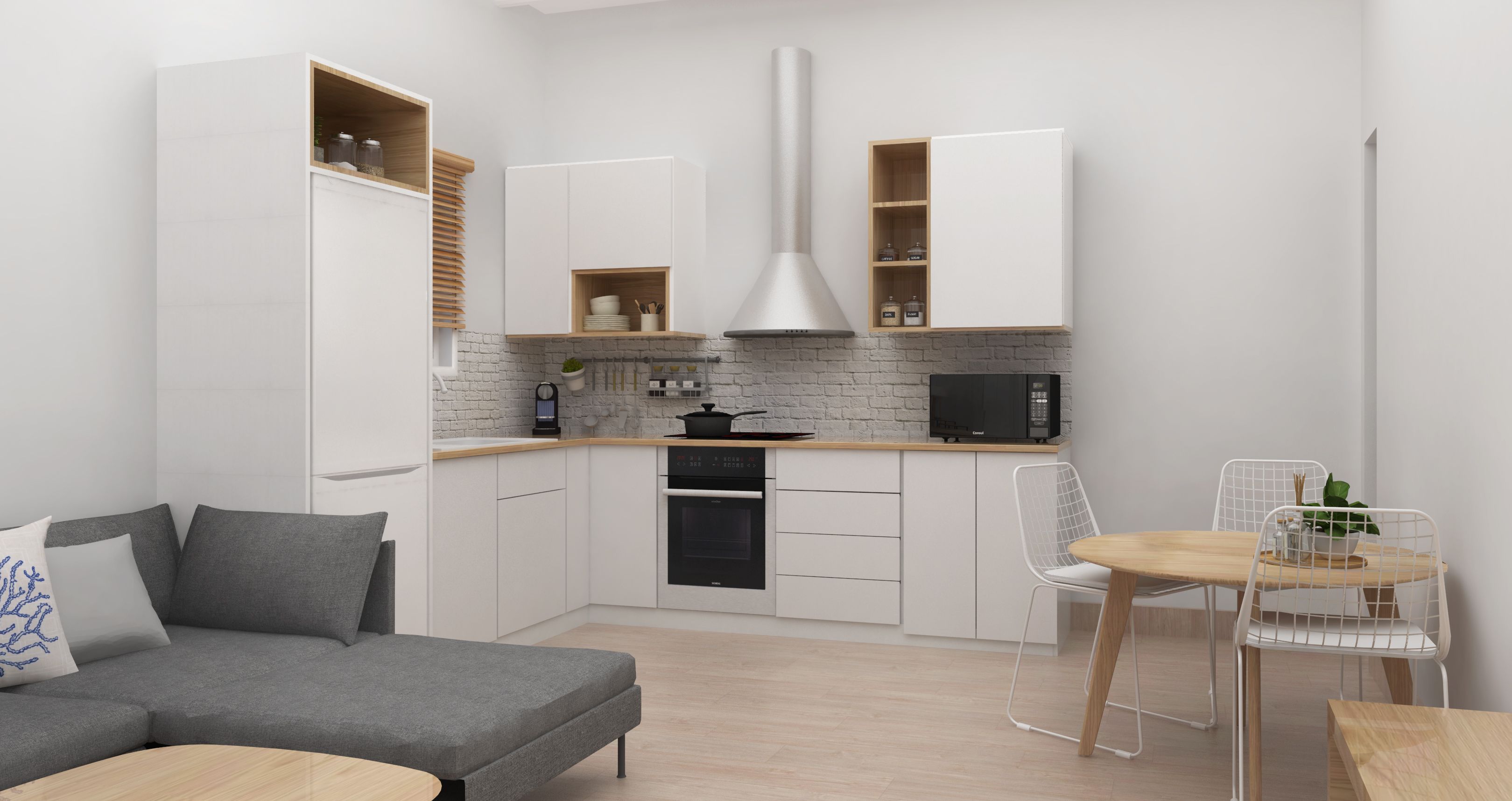 A modern kitchen with white cabinets, a microwave, and an oven. There is a dining area with a table and chairs.
