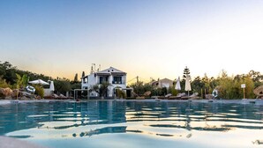 A swimming pool with lounge chairs and umbrellas, a house in the background, and a clear sky.