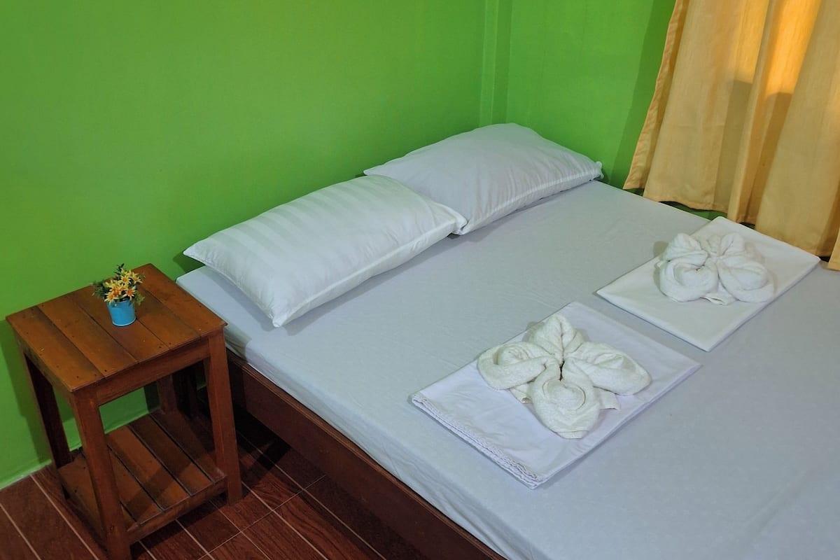 A single bed with white linens and towels, a small wooden nightstand with a plant, and a green wall.