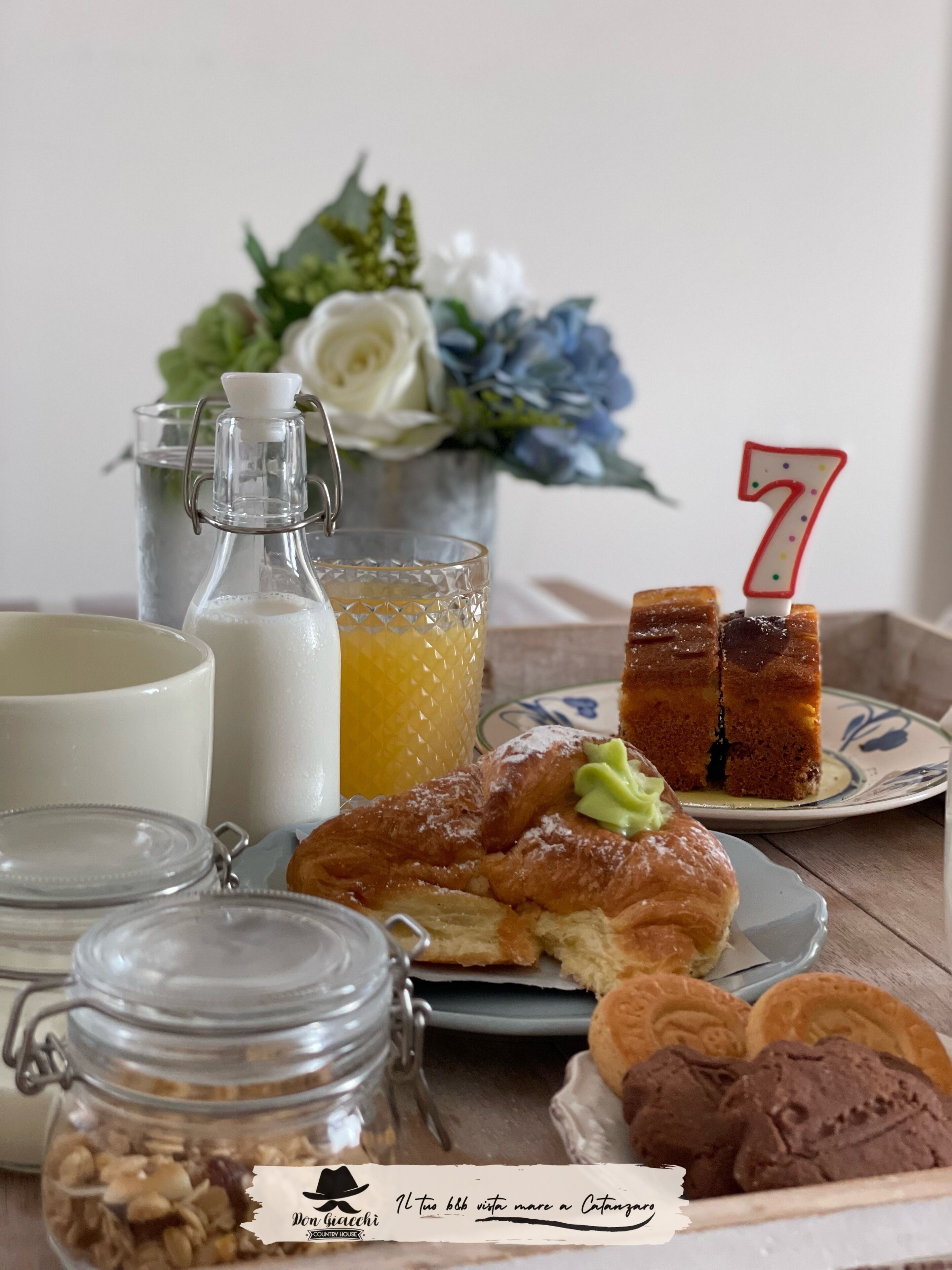 A breakfast setting with a glass bottle, a mug, a plate with pastries, and a candle with the number 7.