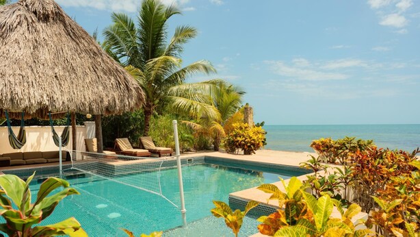 Un área de piscina con sillas de descanso, una estructura de techo de paja y plantas tropicales.
