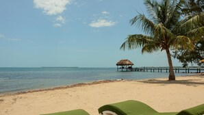 Una playa con dos sillas reclinables verdes, una palmera y una estructura de techo de paja en un muelle.